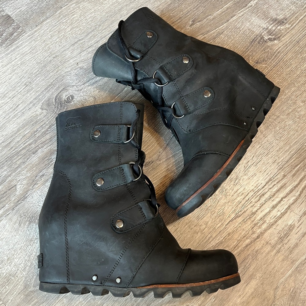 Sorel Joan of Arctic Wedge II Black Leather Lace Up Ankle Boots NL2173-011 8